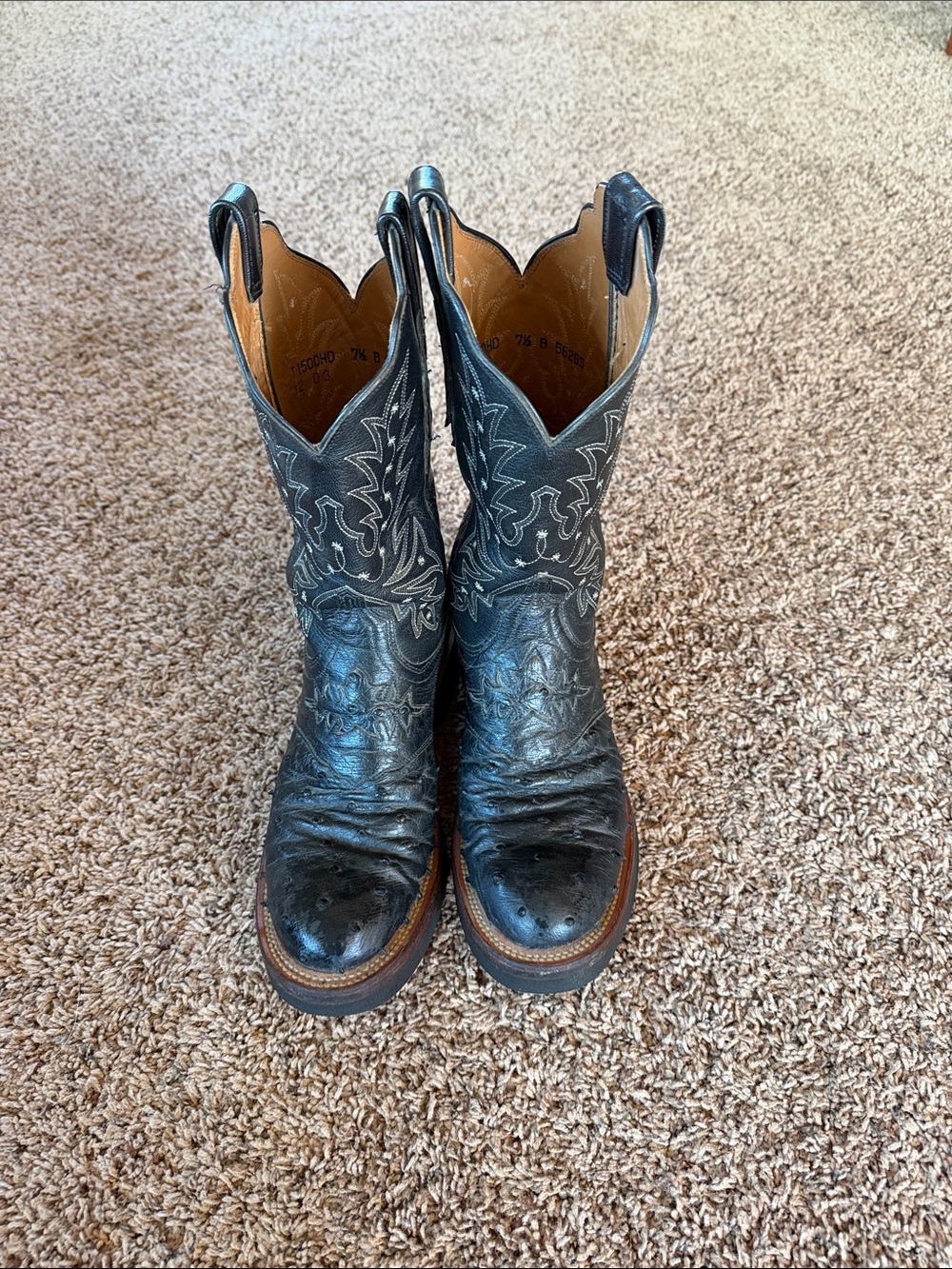 Lucchese Black Ostrich Skin Crepe Sole Boots